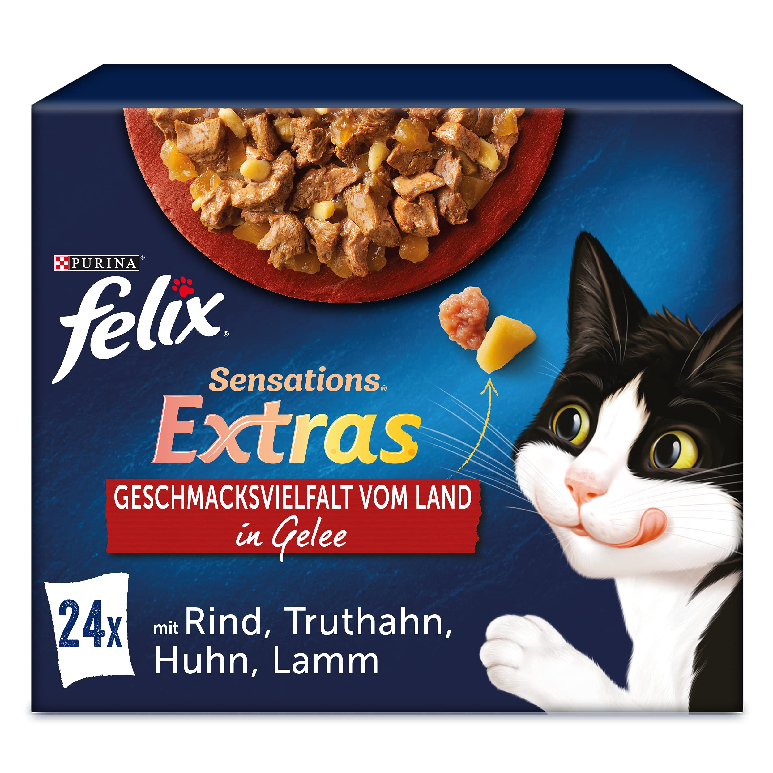 FELIX Sensations Extras Katzenfutter nass in Gelee, Sorten-Mix, 4er Pack (4 x 24 Beutel à 85g)