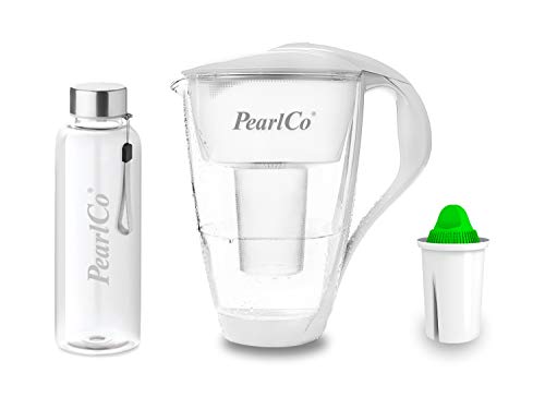 PearlCo - Glas-Wasserfilter (weiß) mit 1 Alkaline classic Filterkartusche + 1 Trinkflasche aus Glas