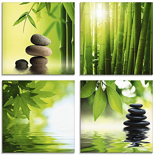 Artland Qualitätsbilder | Glasbilder Deko Wandbilder Bilder 80 x 80 cm mehrteilig Zen Bild mit Bambus Wasser Steinen Blättern