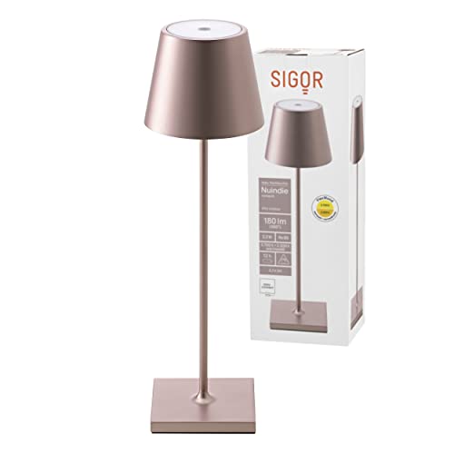 SIGOR Nuindie - Dimmbare LED Akku-Tischlampe Indoor & Outdoor, Höhe 38 cm, aufladbar mit Easy-Connect, 24 h Leuchtdauer, Roségold-eloxiert