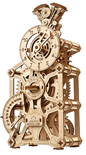 UGEARS Motoren-Uhr 3D Holzpuzzle für Erwachsene - Mechanische 3D Puzzle Uhr Holz - Funktionelle Uhr Modellbausatz mit Bewegliche Kolben - Selbst Bauen holzmodelle bausätze ideal für Modellbau Fan