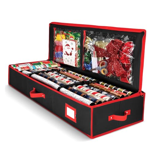 LOLPALONE 1 x Geschenkpapier-Organizer-Tasche, Geschenkpapier-Aufbewahrungstasche, nützliche Taschen, schwarz und rot, für Weihnachtszubehör, Unterbettaufbewahrung für Dekorationen