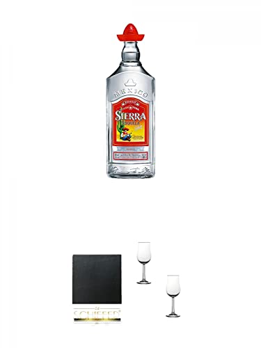 Sierra Tequila SILVER 3,0 Liter + Schiefer Glasuntersetzer eckig ca. 9,5 cm Durchmesser + Nosing Gläser Kelchglas Bugatti mit Eichstrich 2cl und 4cl - 2 Stück