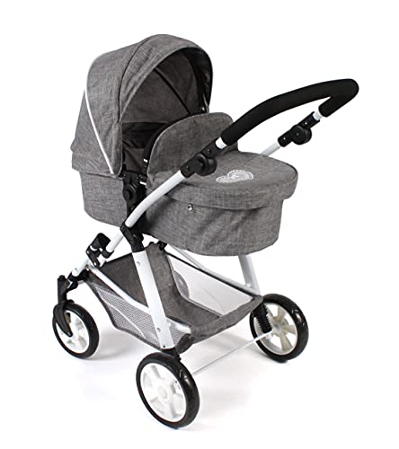 Bayer Chic 2000 568-76 Kombi-Puppenwagen Nele, 2-in-1 für Baby-Puppen bis 50 cm, Jeans grau