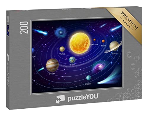puzzleYOU: Puzzle 200 Teile „Sonnensystem-Planeten um die Sonne - Vektor-Design des Weltraums und der Astronomie“