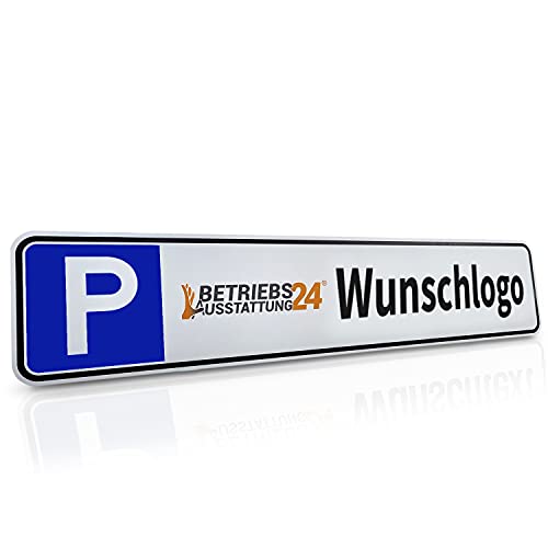Betriebsausstattung24® Individuelles Parkplatzschild mit Wunschlogo/Firmen-Logo mit P-Symbol | BxH 52,0 x 11,0 cm | Autoschild Aluminium Bedruckt | mit/ohne Löcher