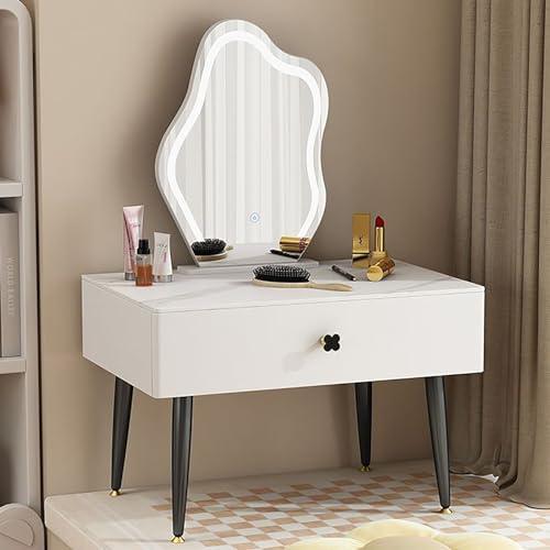 zxhrybh Schminktisch mit Spiegel, Make Up Tisch, Schminktisch mit Schubladen für Schlafzimmer und Erkerfenster (Color : White+Black Legs, Size : 27.5in/70cm)