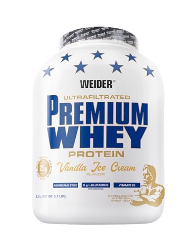 Weider Premium Whey Protein Pulver, unverschämt leckeres Eiweißpulver mit Whey Isolat für Muskelaufbau mit hohem Anteil an EAA, BCAA und freiem L-Glutamin, Vanilla IceCream, 2,3kg