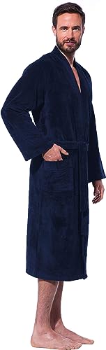 Morgenstern Herren Bademantel Kimono in Blau Männer Baumwolle Microfaser Viskose wadenlang leicht Größe XL Badekimono Herrenbademantel gr