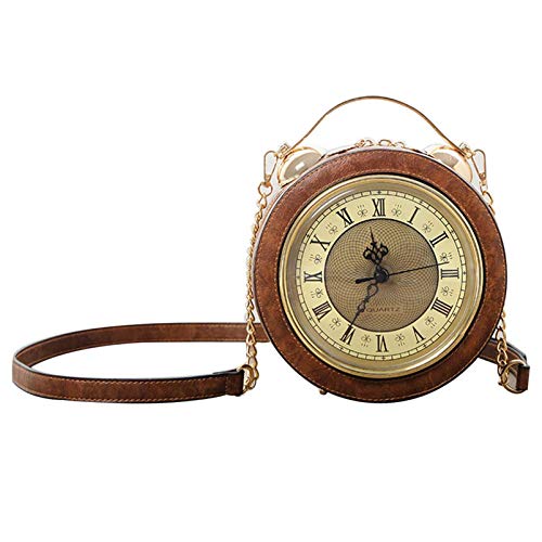 AAFLY Clock Bag Echt Arbeiten, Vintage-Umhängetasche Messenger Bag, Steampunk-Stil-Form Ledertasche Kreishandtaschen-Ketten-Schulter Weibliche Tasche (Brown)