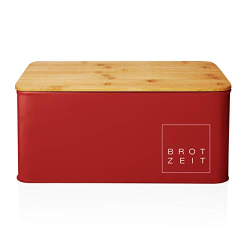 Lumaland Cuisine Brotkasten Brotdose Brotbox aus Metall mit Bambus Deckel, Brotbehälter rechteckig, 30,5 x 23,5 x 14 cm Rot