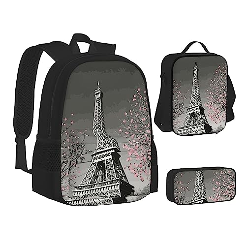 FRGMNT Leopard Rucksack Schule Büchertaschen Set Lunchtasche Federmäppchen Schulrucksäcke für Teen Mädchen Jungen, Paris Eiffelturm, Einheitsgröße, Schulrucksack