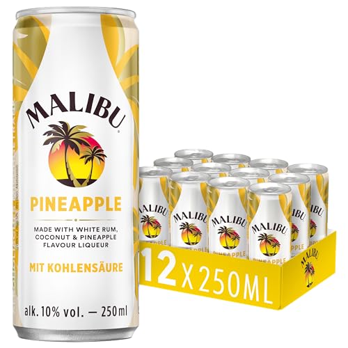 Malibu Pineapple – Erfrischend süßes Mixgetränk mit Kokos und Ananasaromen auf karibischer Rum Basis – 12 Dosen à 250 ml (10 Vol.-Prozent)