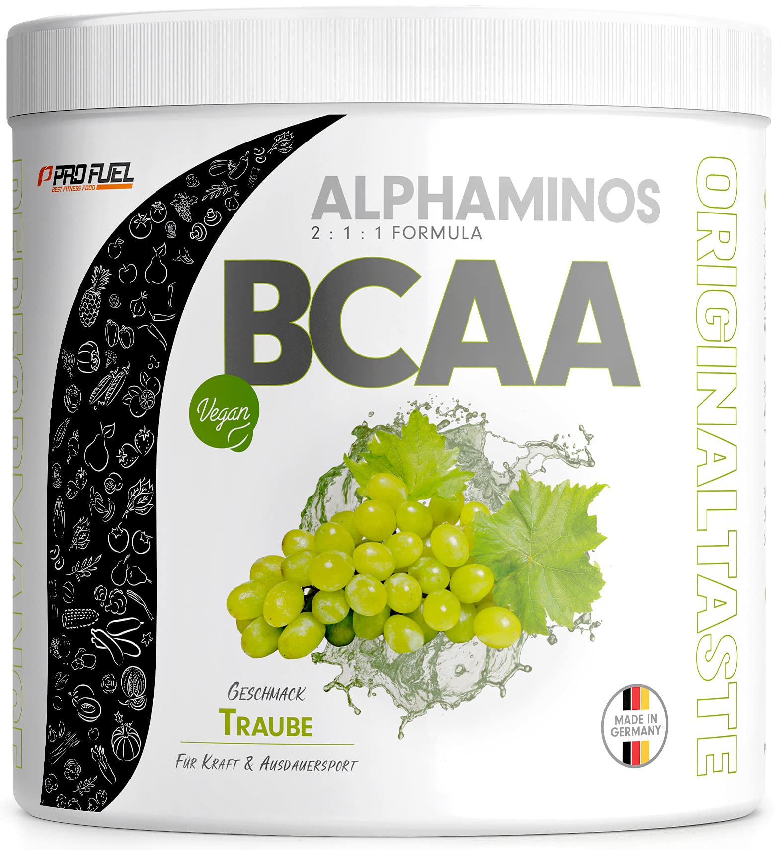 BCAA Pulver 300g Traube, TESTSIEGER Alphaminos BCAA 2:1:1 Drink, unfassbar leckerer Geschmack, Essentielle Aminosäuren Leucin, Isoleucin & Valin, 100% vegan - Top Löslichkeit - Laborgeprüft