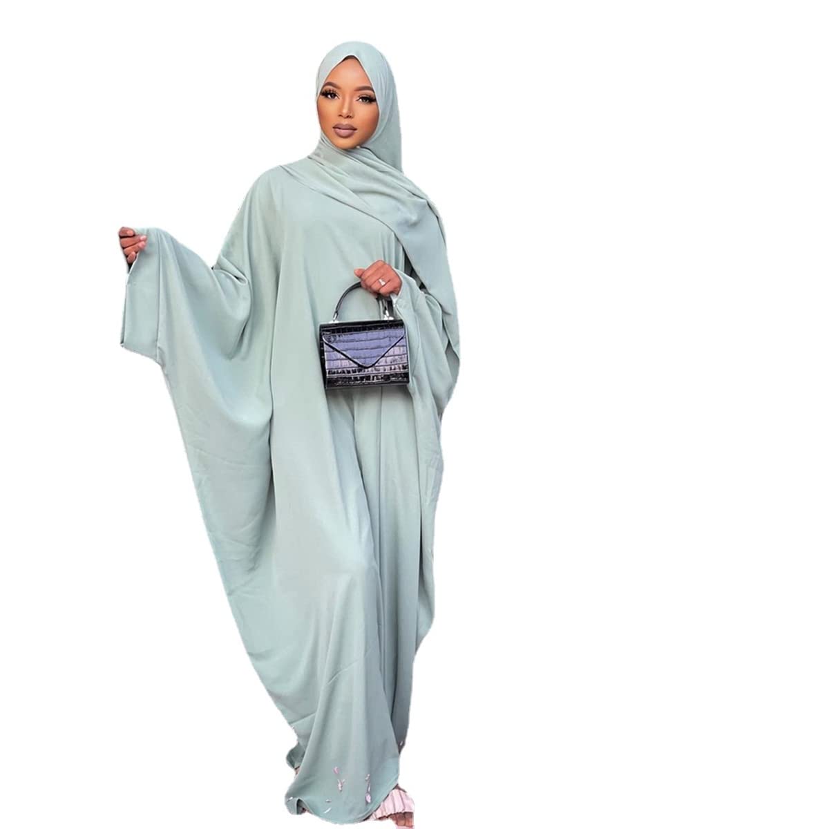 RUIG Damen Kleid Muslimische Gebet Abaya Islamische Robe Maxi Afrikanischer Kaftan Türkei Islam Dubai Türkei Kleid in voller Länge mit Hijab, Hellgrün mit Hijab, Einheitsgröße