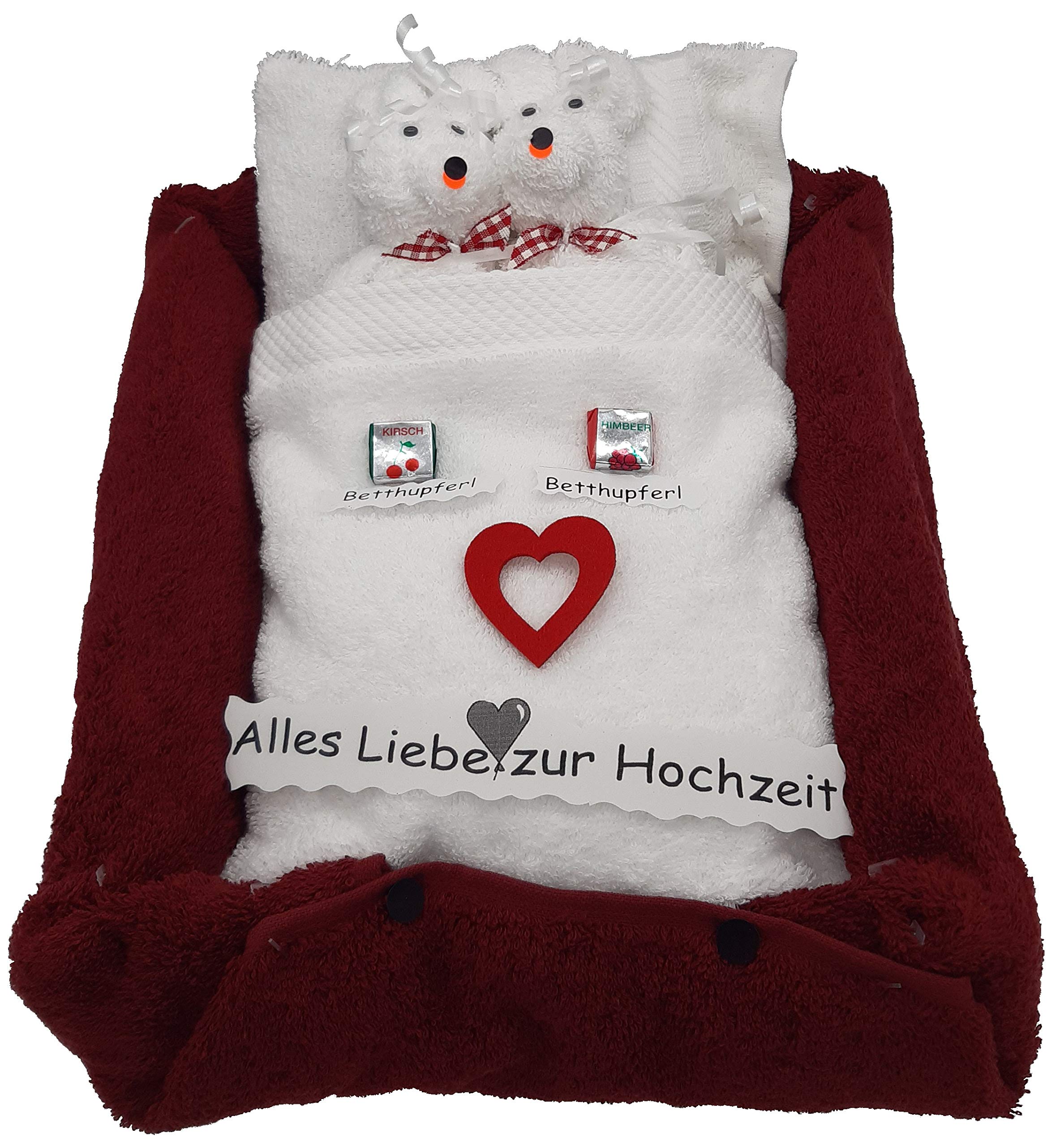 Frotteebox Geschenk Set Bärenpaar im Frottee-Bett aus 3X Handtuch (100x50cm) weiß/rot und 3X Waschhandschuh weiß geformt