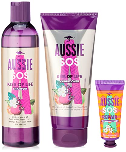 Aussie Shampoo und Conditioner-Set - SOS Kiss of Life zur Haarreparatur, mit veganem Shampoo, Haarspülung und Haarkur für die tiefenwirksame Pflege von trockenem, strapaziertem Haar