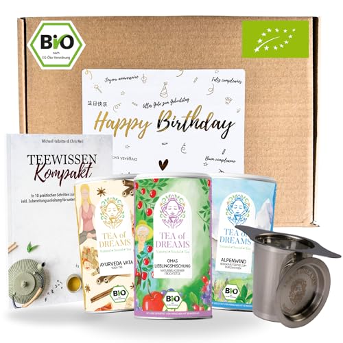 Tee Geschenkset 'Happy Birthday' – 3 Bio-Tees, Edelstahl-Teesieb & 48-seitiges Tee Magazin – Das ultimative Geburtstagsgeschenk für Tee-Liebhaber