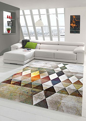 Designer Teppich Moderner Teppich Wohnzimmer Teppich Kurzflor Teppich mit Konturenschnitt Karo Muster Multi Farben Orange Grün Braun Größe 200 x 290 cm