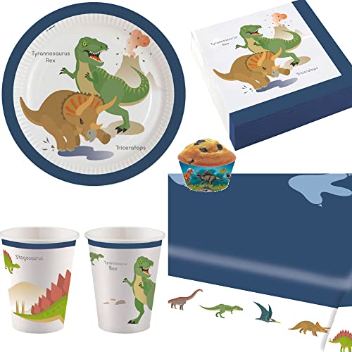 HHO Dino-Saurier-Party-Set Dinosaurier 94tlg. Teller Becher Servietten 2 Tischdecken Muffins für 16 Gäste