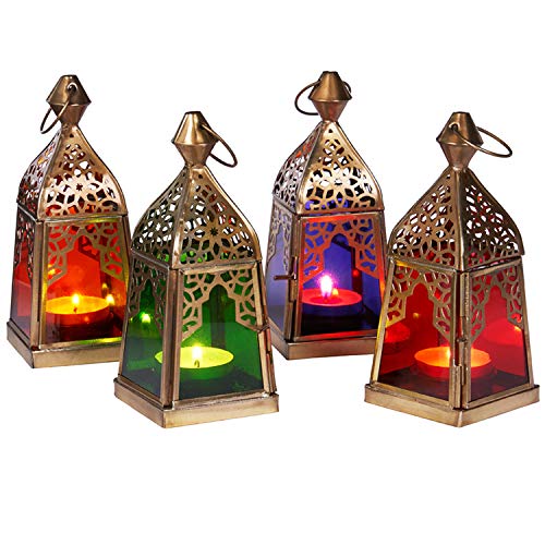 Orientalische Laternen 4 Set Laterne Basil bunt 16cm | Orientalisches Windlicht aus Metall & Glas in 4 Farben | Marokkanische Glaslaterne für draußen als Gartenlaterne in Grün - Blau - Lila - Orange