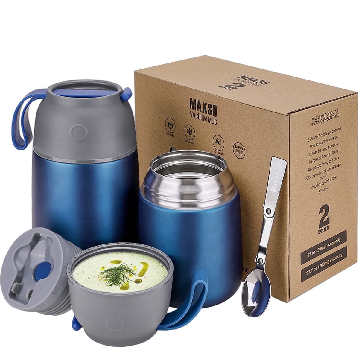 Thermobehälter für Essen 500ml & 700ml Edelstahl Warmhaltebebehälter mit faltbaren Löffel, Speißen, Babynahrung, Suppe, Brei, Joghurt, Thermo Speisgefäß Unterwegs, 2 Isolierbehälter im Set,Blau