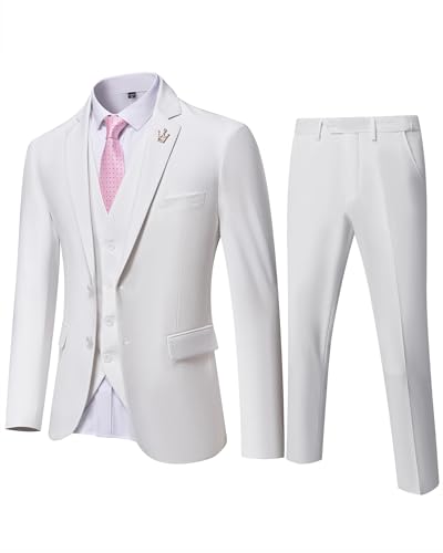 EastSide Herren 3-teiliger Anzug, schmale Passform, 2 Knöpfe, Smoking, Blazer, Weste und Hose, Jacken-Set, Weiss/opulenter Garten, L
