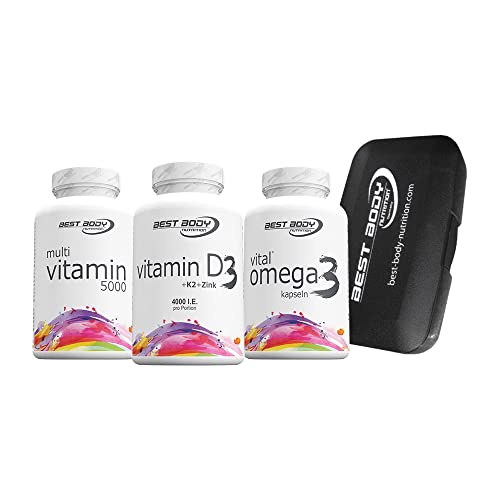 80 Vitamin D3 + Vitamin K2 + Zink Kapseln + 120 Omega 3 Kapseln + 100 Multi 5000 Multivitamin Kapseln + Tablettenbox im Set von Best Body Nutrition