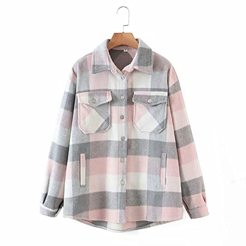 MIDJ Damen Bluse Elegant, Damenhemd Flanellhemd Schlicht Rosa Grau Karierte Hemden Jacke Langarmhemden Schicke Hemden Dicke Leichte Jacken Holzfällerhemden, M