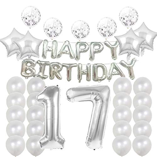 Partyzubehör zum 17. Geburtstag, silberfarben, Zahl 17, Mylar-Ballon, Latex-Ballon-Dekoration, tolles süßes Geschenk zum 17. Geburtstag für Mädchen, Foto-Requisiten