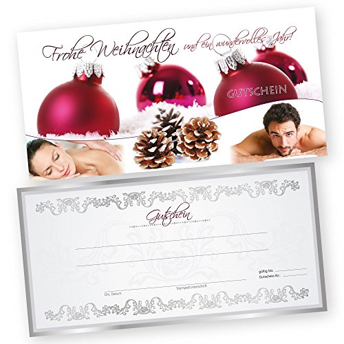 50 Weihnachtsgutscheine Gutscheinkarten XMAS RED MASSAGE mit weißtransparenten Umschlägen für Kosmetikstudio Gutscheine Geschenkgutscheine