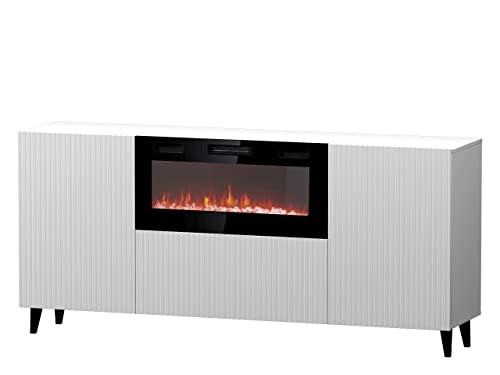 Mirjan24 Kommode Fusbo 180 mit Elektrischem Kamin, Mehrzweckschrank mit 2 Türen, Realistische LED-Flamme, Anrichte, Highboard, Sideboard, Kristallherd, Esszimmer (Weiß)