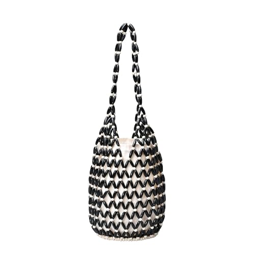 Gewebte Tasche für Damen, Sommer, ausgeschnitten, Holzperlen, tragbare Eimer-Schultertasche, Schwarze und weiße Perlen, 16.5*16.5*36CM