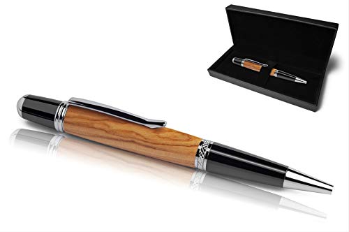 Handgefertigter Kugelschreiber aus Echtholz | Hochwertiges Geschenkset mit Etui | Business Geschenk Set aus Edel Holz für Mitarbeiter und Kunden (Olivenholz)