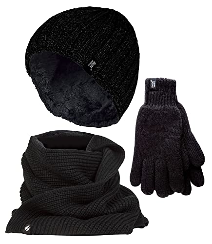 HEAT HOLDERS Herren Stricken Mütze Schal Handschuhe Set Luxuriös Warme Fleece Thermo Winterse (M-L, Schwarz)