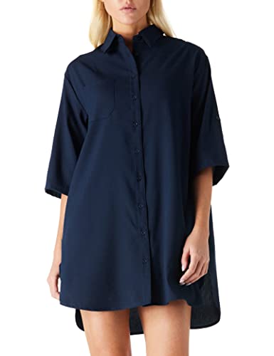 Amazon Brand - find. Lässiges Damenkleid Halblange Ärmel Bündchen Knopfleiste Mini-Shirt-Kleid Übergröße V-Ausschnitt Hemdblusenkleid, Marineblau, Size M