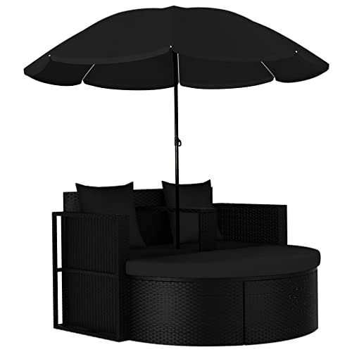 vidaXL Sonneninsel mit Sonnenschirm Sonnenliege Gartenbank Sessel Gartensessel Gartensofa Gartenliege Gartenstuhl Poly Rattan Schwarz