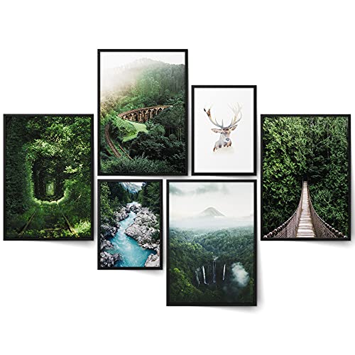 BLCKART Green Forest Bilder Set Stilvolle Beidseitige Pampasgras Bilderwand Natur Landschaft Wohnzimmer Deko Poster Wald (M | 4x A4 | 2x A5 | Holzrahmen (schwarz), Green Forest)