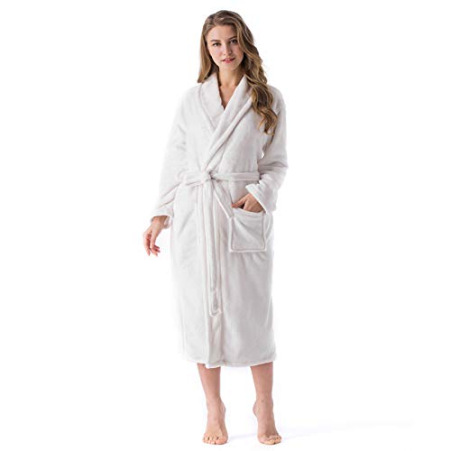 Damen Morgenmantel Weich Flanell Bademantel Leicht Robe Damen Nachtwäsche Bademantel Hausmantel Loungewear Weiß-XL