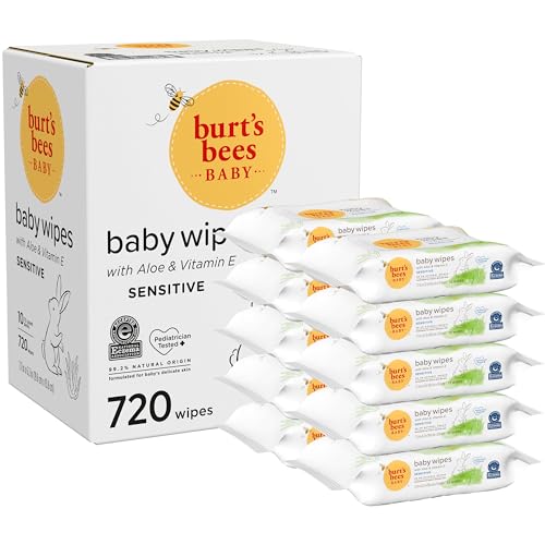 Baby Wipes, Burt's Bees Unscented Towelettes for Sensitive Skin, Hypoallergenic & Non-Irritating, All Natural with Soothing Aloe & Vitamin E, Fragrance Free, 72 count (Pack of 10)