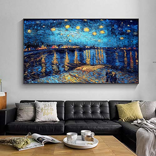 HYFBH Van Gogh Bilder mit schwarzem Rahmen – Sternennacht auf der Rhone Berühmter impressionistischer Künstler Gemälde auf Leinwand für Wohnzimmer 85 x 170 cm (33 x 67in) mit schwarzem Rahmen