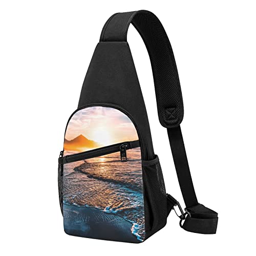 Sea Beach Sunset Bedruckte Brusttasche Crossbody Brustgurt Rucksack Reise Wandern Brusttasche Tagesrucksack, Schwarz , Einheitsgröße