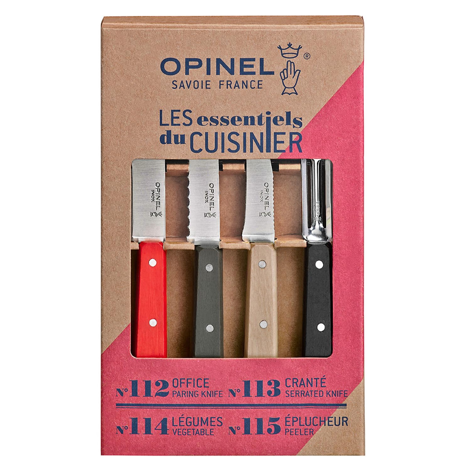 Opinel OP01626 Küchenmesser-Set, Essentials, 4-teilig, rostfrei, farbige Griffe Messer, Edelstahl, Mehrfarbig, One Size