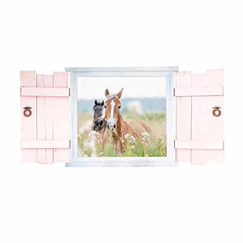 023 Wandtattoo Pferde im Fenster mit Fensterläden - in 6 Größen - wunderschöne Kinderzimmer Sticker und Aufkleber süße Wanddeko Wandbild Junge Mädchen Größe 1000 x 500 mm