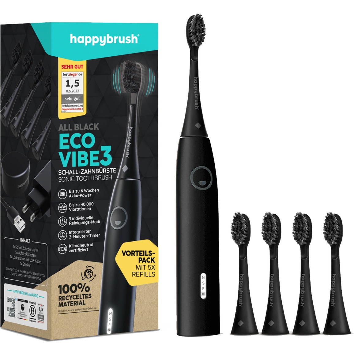happybrush® Elektrische Schall-Zahnbürste Eco VIBE 3 - Nachhaltige Zahnbürste mit 6 Wochen Power-Akku inkl. 4 Aufsteckbürsten - Schwarz