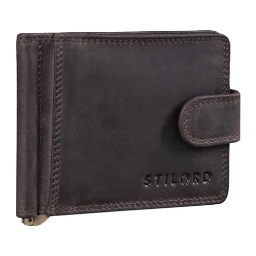 STILORD 'Lino' Leder Geldbörse mit Geldklammer und Münzfach Kleines Herren Portemonnaie mit Druckknopf Vintage Brieftasche Slim Wallet mit RFID Schutz, Farbe:dunkel - braun