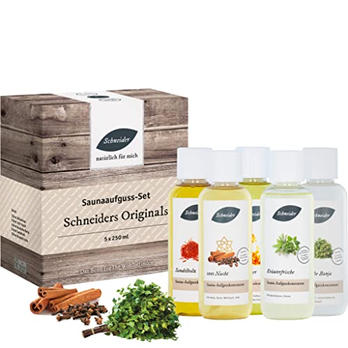 Saunabedarf Schneider - Aufgussset Schneiders Originals 5 x 250 ml Inhalt - winterlicher Saunaaufguss - wohltuender Mix