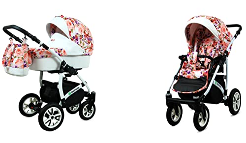 BabyLux Tropical 2-in-1 Bouncing Baby Stroller und Zubehör Kinderwagen Verstellbar und faltbar Aluminium Konstruktion Wasserdicht Nicht abnehmbare Räder Pansies And Roses