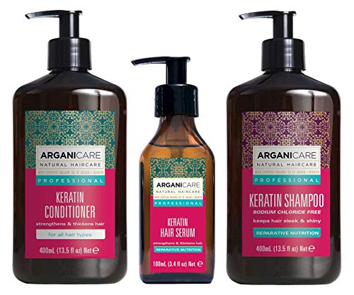 Arganicare Set mit 3 Produkten mit Keratin für geschädigtes, thermisch oder chemisch behandeltes Haar. Revitalisiert das Haar und hält es glatt und gepflegt. Shampoo + Shampoo + Serum