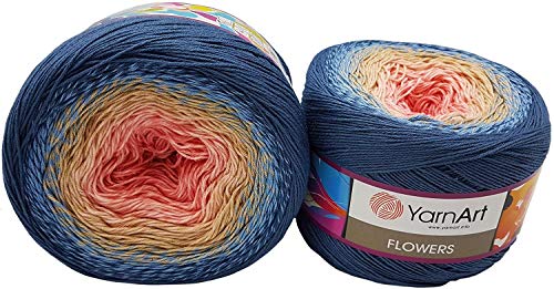 YarnArt Flowers 500 Gramm Bobbel Wolle Farbverlauf, 55% Baumwolle, Bobble Strickwolle Mehrfarbig (blau hellblau apricot rosa 262)